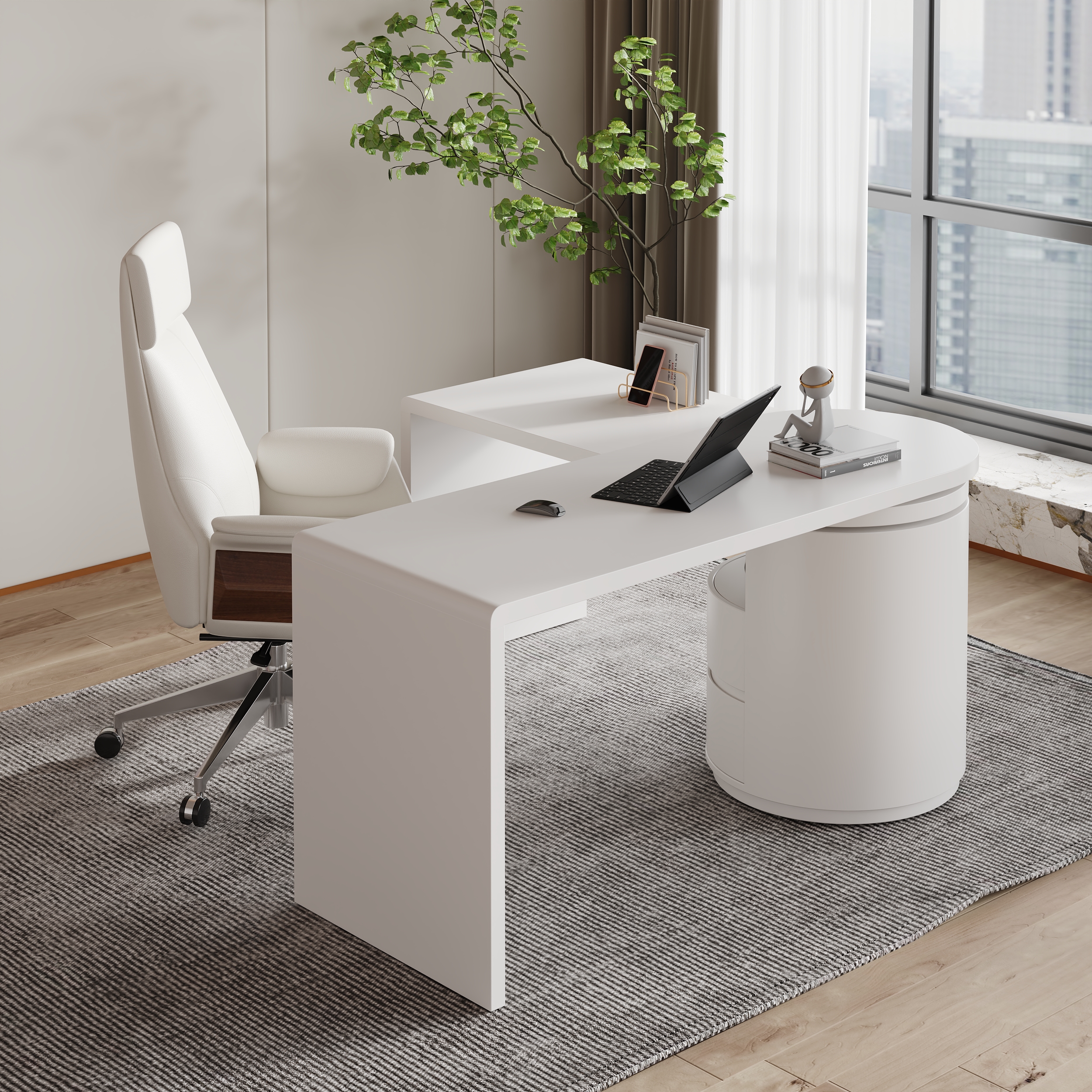 Modern 60" L-Shaped Matte Warm White Executive Desk with Drawers, Rotating Design