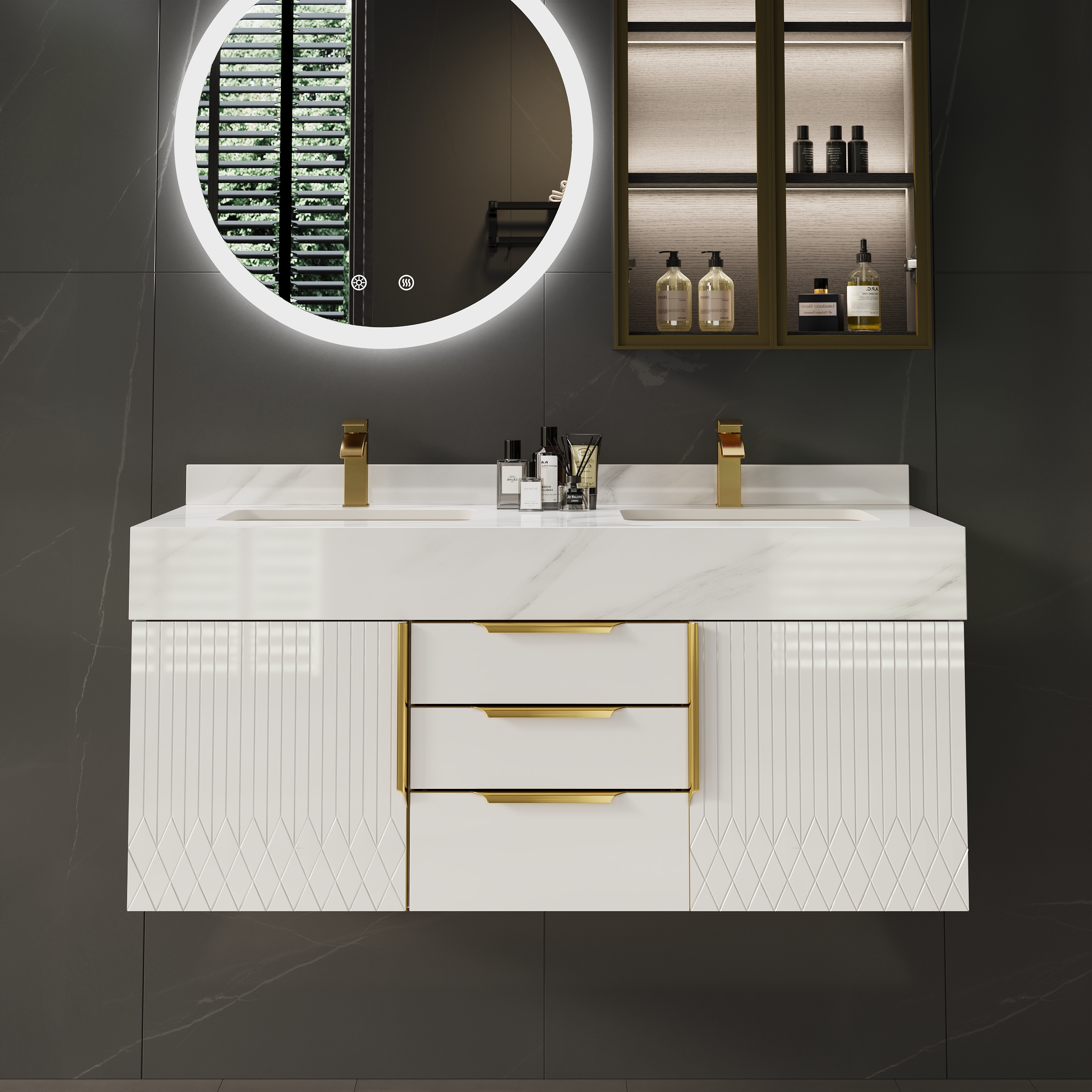 Aro 47" Floating Double Bathroom Vanity with Sink and Sintered Stone Top