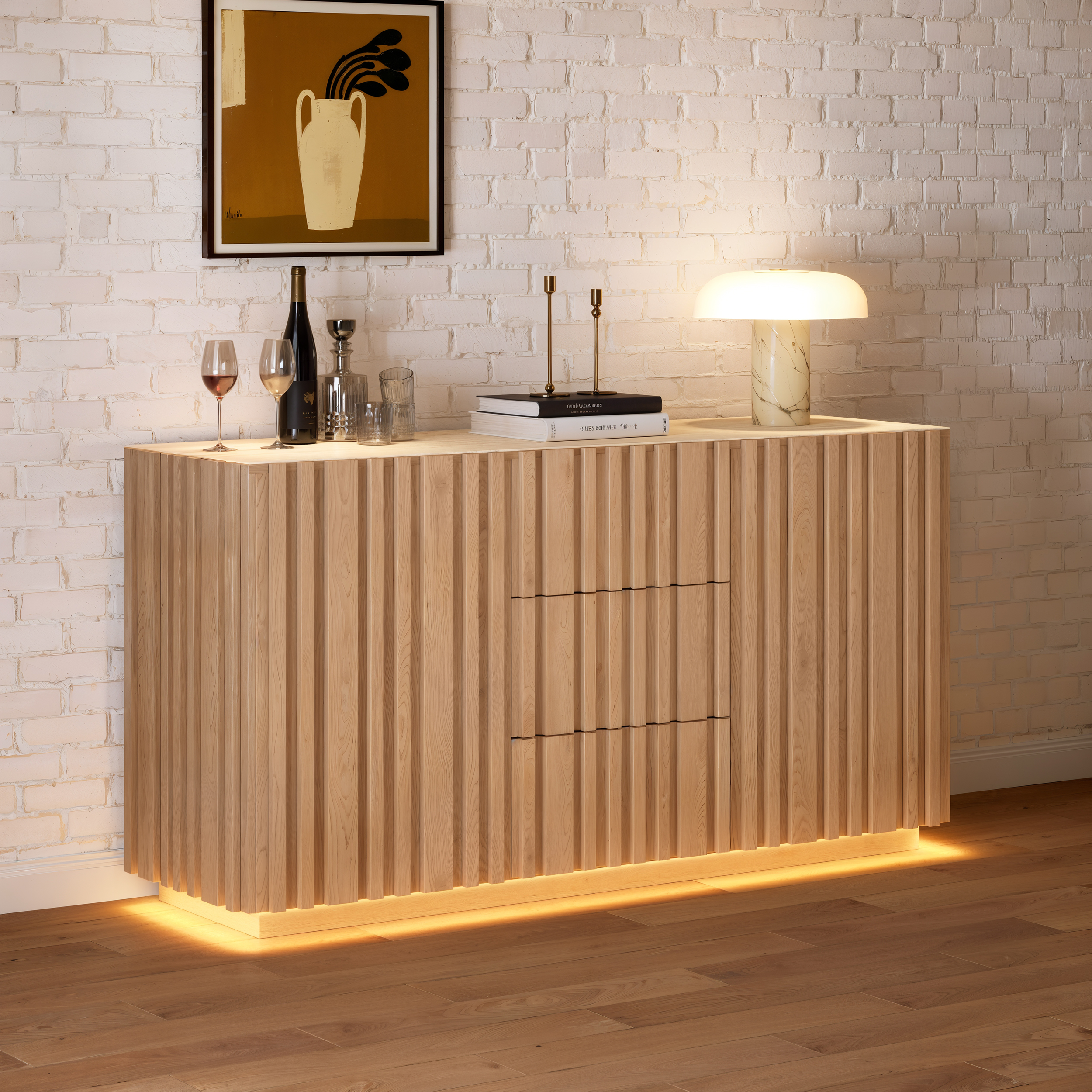 Aura 60" Faux Travertine Top Buffet Sideboard with Ash Wood Slatted Panels & Light