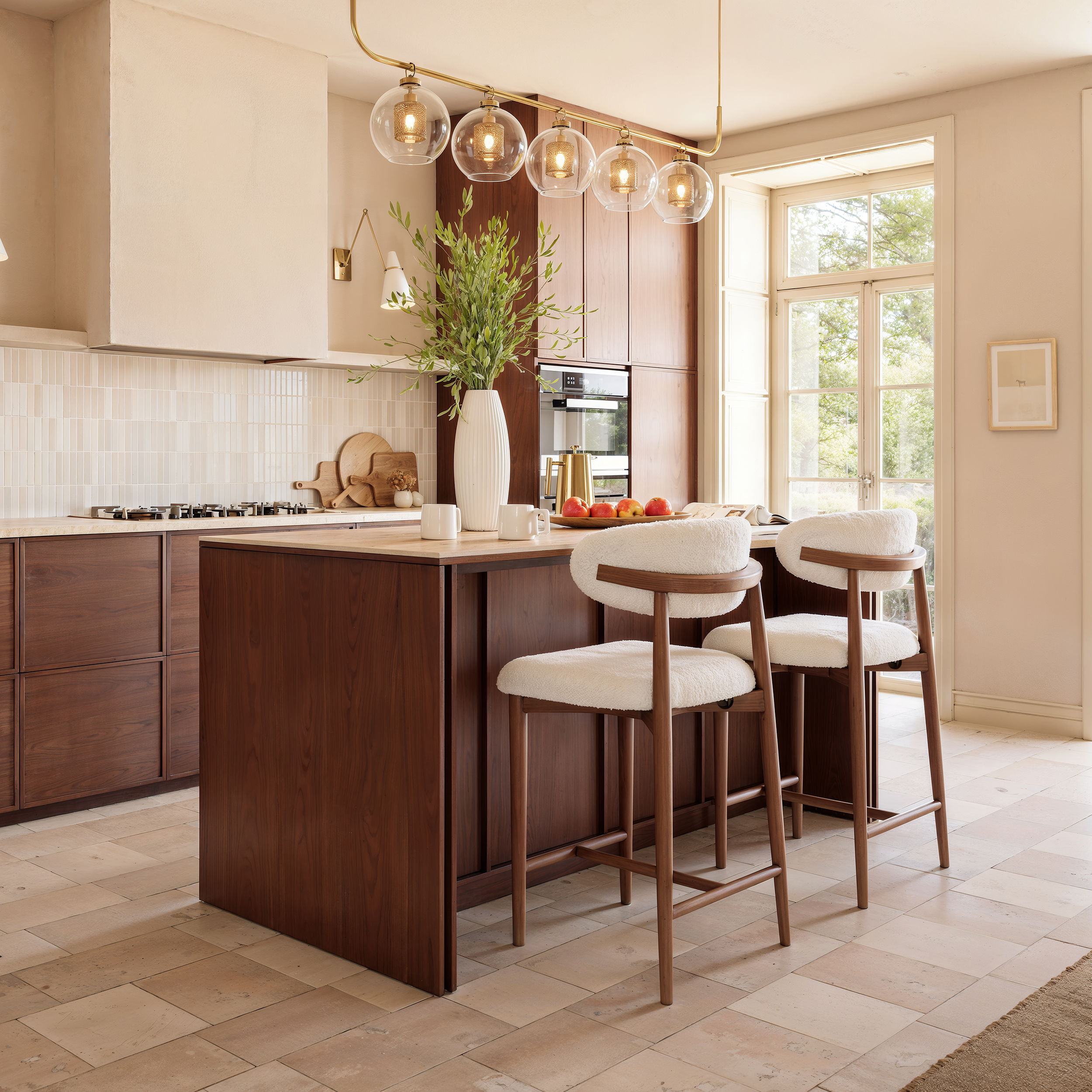 Panvyr 72" Faux Travertine Sintered Stone Kitchen Island & 2 Counter Stools Set