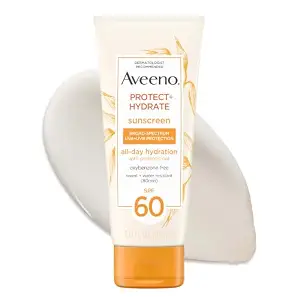 Aveeno Protect + Hydrate Sunscreen Lotion for Body & Face with Prebiotic Oat, SPF 60 Broad Spectrum Sunscreen, Paraben, & Oil Free, Water & Sweat Resistant (80-min) for Sensitive Skin, 3 Fl Oz | Moisturizing