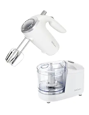 Betty Crocker 2-Piece Kitchen Appliances Combo: 5-Speed Hand Mixer with Food & Vegetable Chopper, 150W Mixer, Chrome Beater & Whisk Attachments, 100W Food Processor with Plastic Bowl, BC-7222W, White