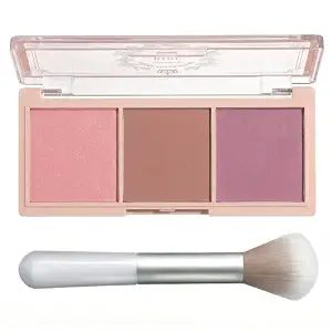 3-Color Blush Palette with Brush - Matte & Shimmer Powder Blush Trio - Long Lasting, High Pigment Face Makeup - Cool Tone Pink, Nude Brown & Berry Plum Shades for Natural Flushed Look