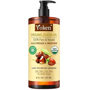 Yoken USDA Organic Jojoba Oil Cold Pressed 8 fl oz, 100% Pure & Natural Unrefined Jojoba Oil for Face Hair & Skin Massage, Hexane Free, Deeply Moisturizing Body Carrier oils Multi-Purpose Serum
