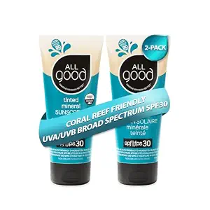All Good Sunscreen - Tinted Mineral Sunscreen for Face & Body - SPF 30, Water Resistant, Coral Reef Friendly, Coconut Oil, Jojoba Oil, Shea Butter, Aloe 3 oz (2-Pack)