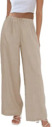 Duyang Womens Cotton Linen Palazzo Pants Drawstring Elastic Waist Casual Wide Leg Trousers with Pockets