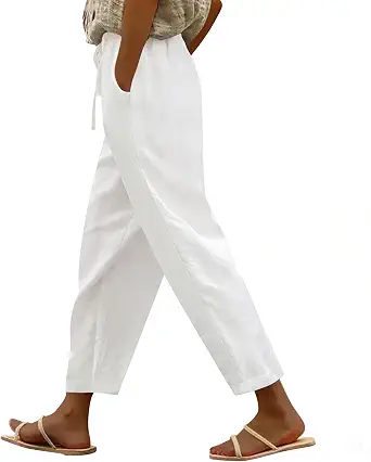Puimentiua Cotton Linen Pants Women Casual Lightweight Elastic Drawstring Waist Summer Vacation Beach Pants with Pockets
