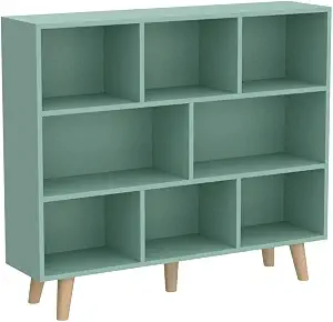 IOTXY Wooden Open Shelf Bookcase - 3-Tier Floor Standing Display Cabinet Rack with Legs, 8 Cubes Bookshelf, Tiffany-Green
