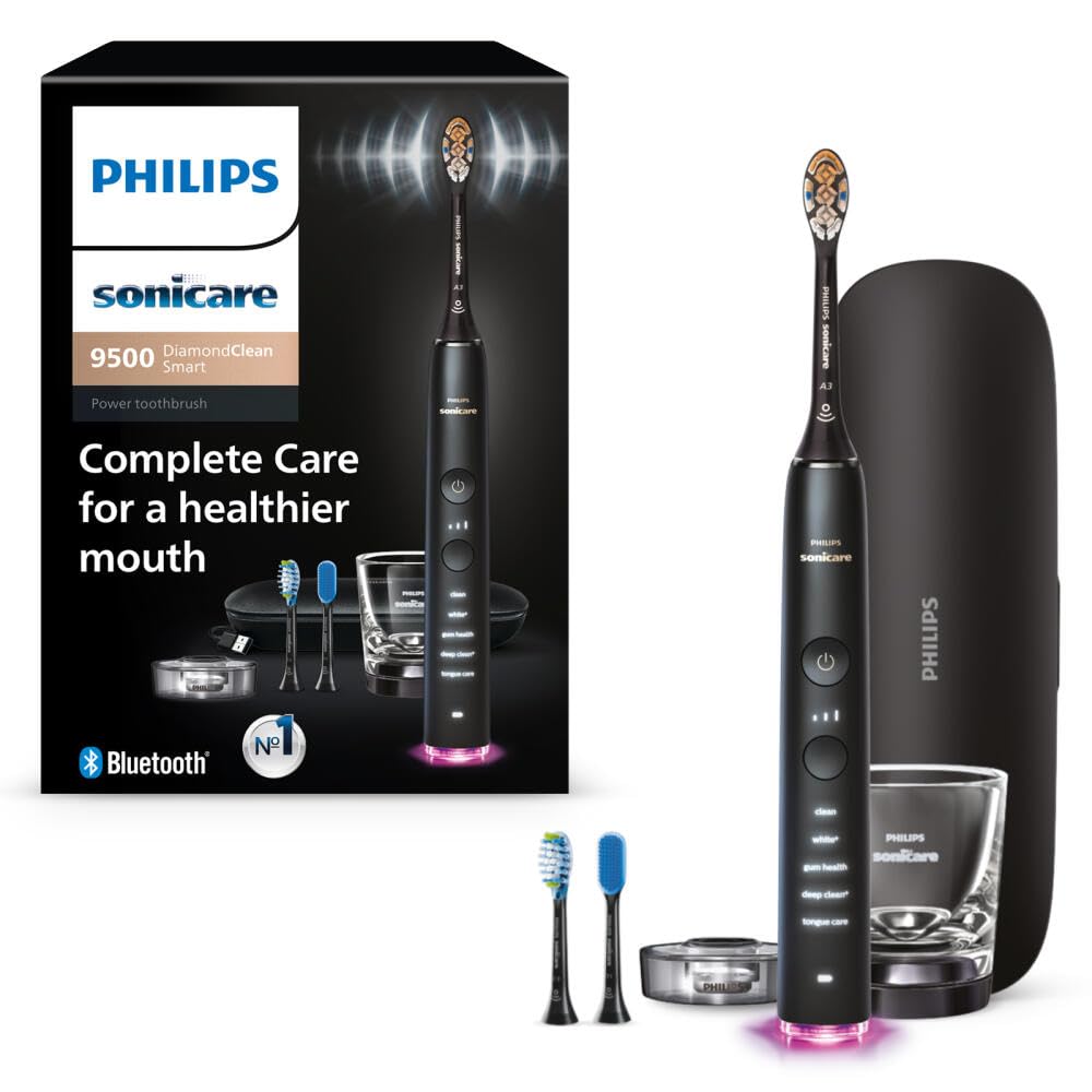 Philips Sonicare DiamondClean Smart 9500 Electric Toothbrush - Sonic Toothbrush with App, Pressure Sensor, 15 Brushing Settings, Replacement Reminder, USB Charging Travel Case, Black, Model HX9923/11
