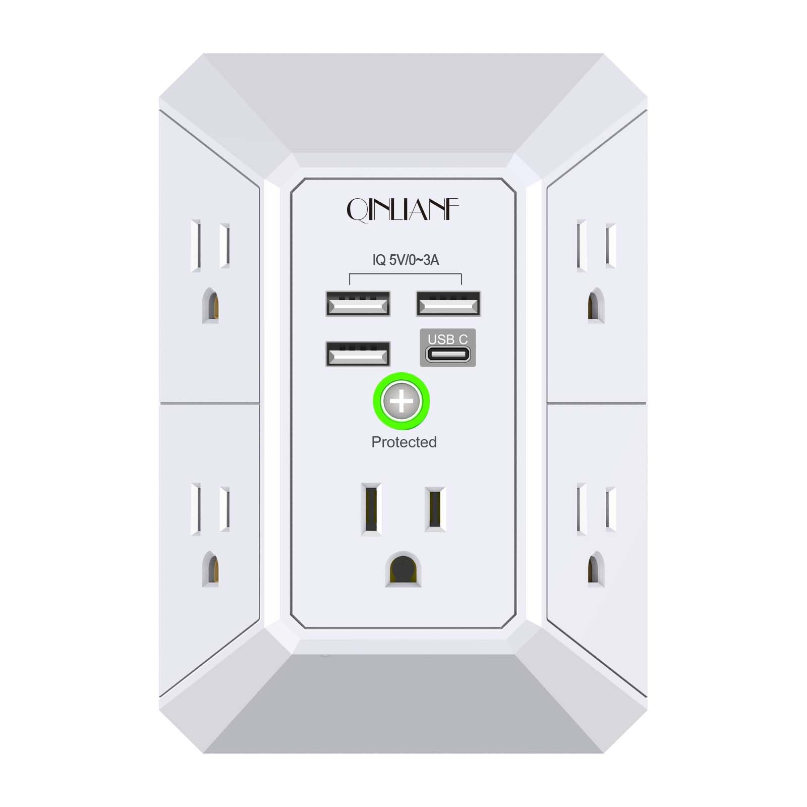 Wall Charger, Surge Protector, QINLIANF 5 Outlet Extender with 4 USB Charging Ports, 3-Sided 1680J Power Strip Multi Plug Adapter Spaced for Home Travel Office