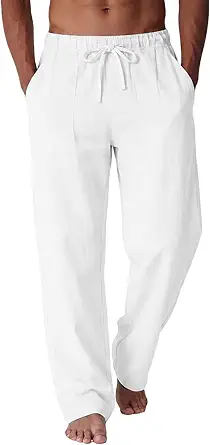A WATERWANG Men's Casual Linen Pants Summer Beach Cotton Lightweight Pants Elastic Waist Drawstring with Pockets
