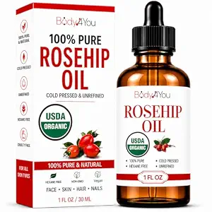 BodyJ4You Rosehip Oil for Face - 100% Pure Natural USDA Organic Cold Pressed - Hydrating Skin Hair Nails Anti-Aging Wrinkle Scar Treatment Gua Sha - Non-GMO Undiluted Carrier - Glass Bottle 1 Fl Oz