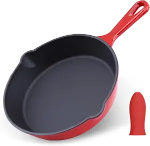 Enameled Cast Iron Skillet 10inch with Pour Spouts for Searing Baking Grilling and Roasting,10" Frying Pan Cookware with Silicone Handel Cover,Durable Oven Safe Pan,Stove Campfire Use(Red)