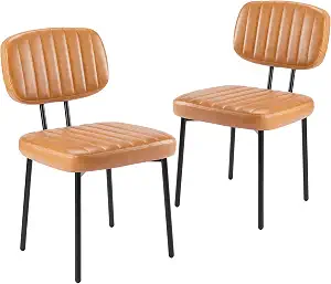 Sweetcrispy Dining Chairs Set of 2, Upholstered Mid Century Modern Kitchen Accent Chairs with Faux Leather Cushion Seat & Metal Legs for Home Office, Living Room - Brown