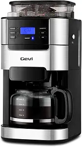 Gevi 10-Cup Drip Coffee Maker with Burr Grinder | Programmable Timer, 1.5L Water Tank, Reusable Filter, Warming Plate, All-in-One Brew & Grind Coffee Machine