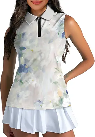 domirica Women's Graphic Golf Polo Shirt Sleeveless Zip Up Tennis Top Moisture Wicking Activewear Printed Athletic Clothing