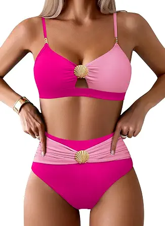 Pink Queen Women's 2 Piece Bikini Set 2026 Seashell Cutout Swimsuit High Waist Tummy Control Summer Beach Swim Bathing Suits