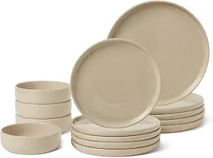 Amazon Basics Glazed Stoneware Dinnerware, 12-Piece Set, 4 Full Place Settings, Dishwasher-Safe, Microwave-Safe, Linen Gray