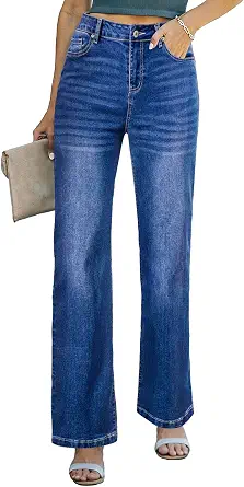 Sidefeel Women's Wide Leg Jeans Casual High Waisted Straight Zimbaplatinum Denim Pants with Pockets