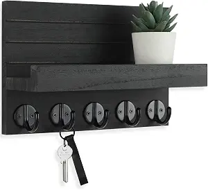 Lwenki Key Holder for Wall, Decorative Key and Mail Holder with Shelf Has Large Hooks for Bags, Coats, Umbrella – Paulownia Wood Key Hanger with Mounting Hardware (9.8”W x 6.7”H x 4.2”D)