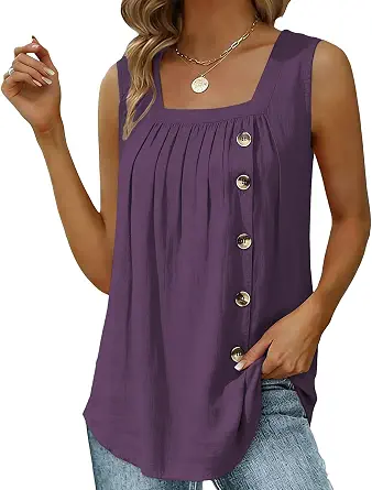 domirica Solid Color Women Tank Top Square Neck Sleeveless Pleated Side Summer Beachwear Breathable Tunic Blouses
