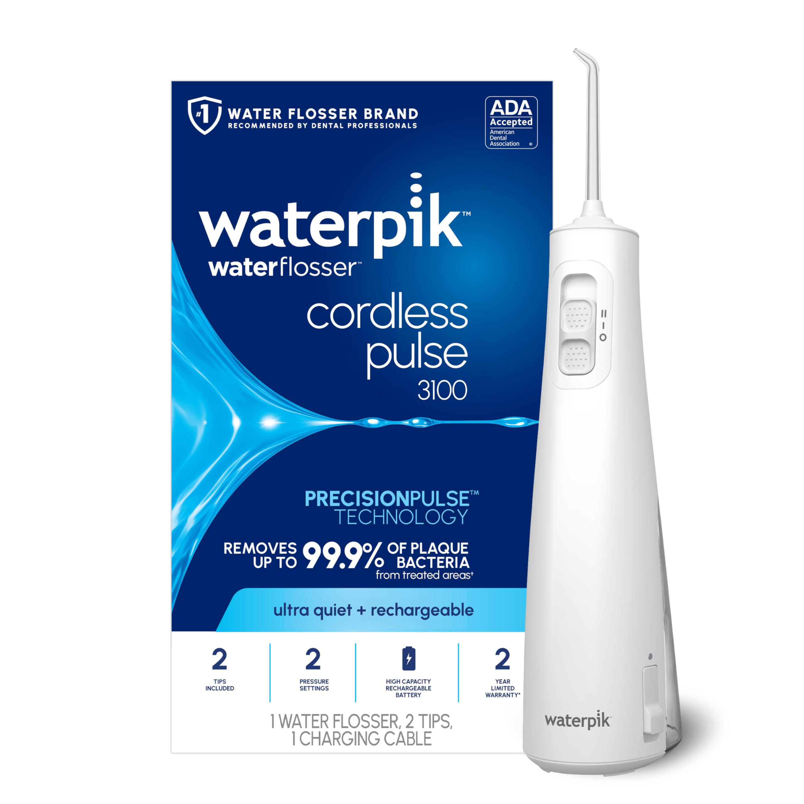 Waterpik Cordless Pulse 3100 Rechargeable Portable Water Flosser for Teeth, Gums, Braces Care and Travel with 2 Flossing Tips, Waterproof for Shower Use, ADA Accepted, WF-20 White, Amazon Exclusive