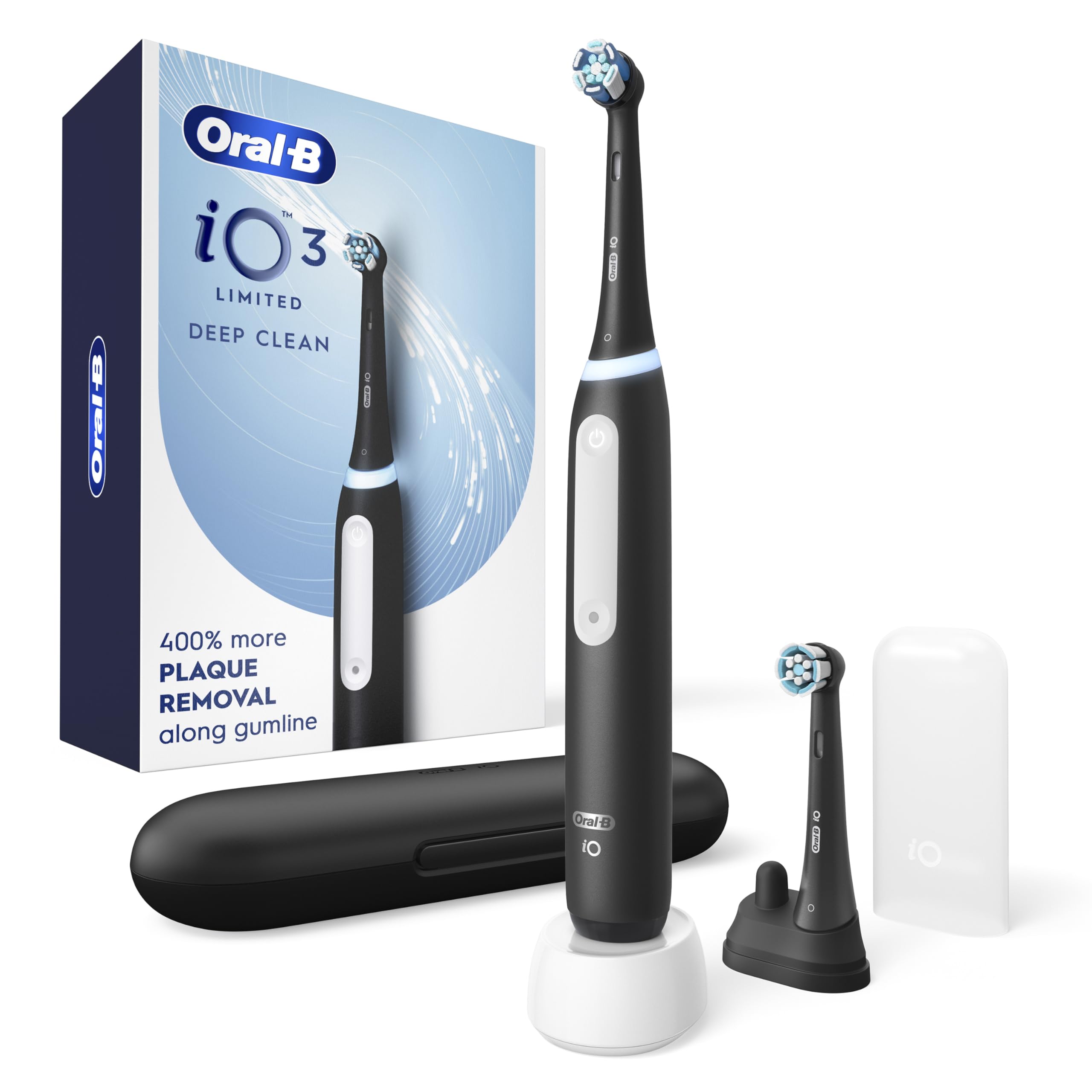 Oral-B iO Series 3 Limited Deep Clean Rechargeable Electric Toothbrush for Adults, Black, 3 Modes, Smart Pressure Sensor, Plaque Removal and Gum Care, 2 Replacement Brush Heads, Travel Case