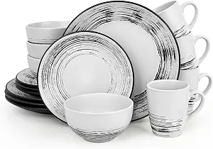 Homlouue 16 Pcs Stoneware Dinnerware Sets for 4, Porcelain Farmhouse Plates Bowls Mugs Set - Minimalist Chip Resistant Dish Set, Microwave & Dishwasher Safe in White and Black Thread