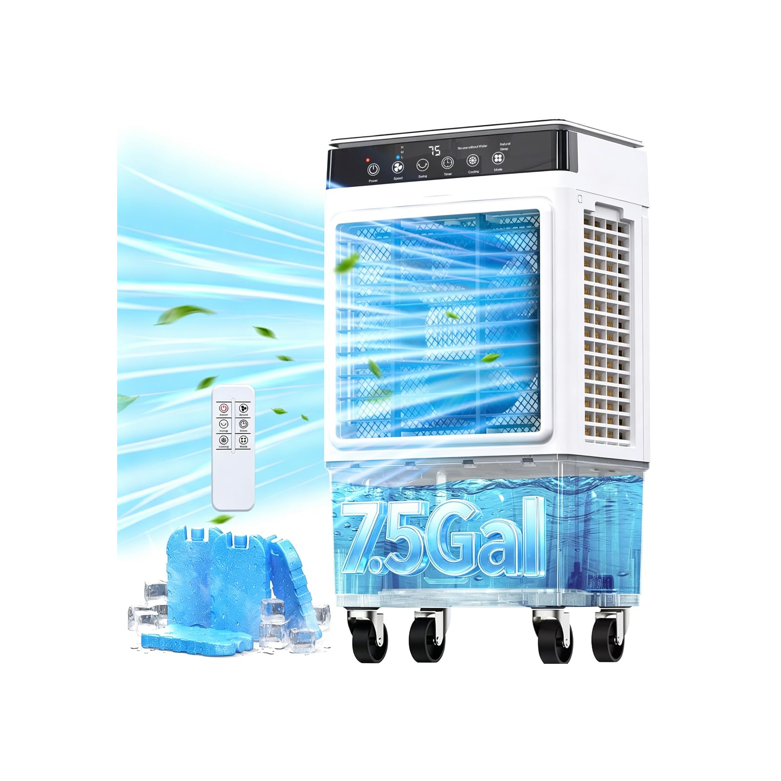 Portable Swamp Cooler Air Conditioner, 4-in-1 Evaporative Air Cooler with 7.5-Gal Tank for 30H Cooling, Dry-Burn Protection, Remote, 12H Timer, 4 Ice Packs, 120° Oscillation for Home Office Garage