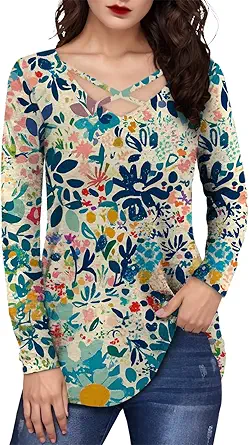 domirica Floral Long Sleeve Crewneck Tee Stylish Shirts Womens Relaxed Top Plus Size Yoga Blouses