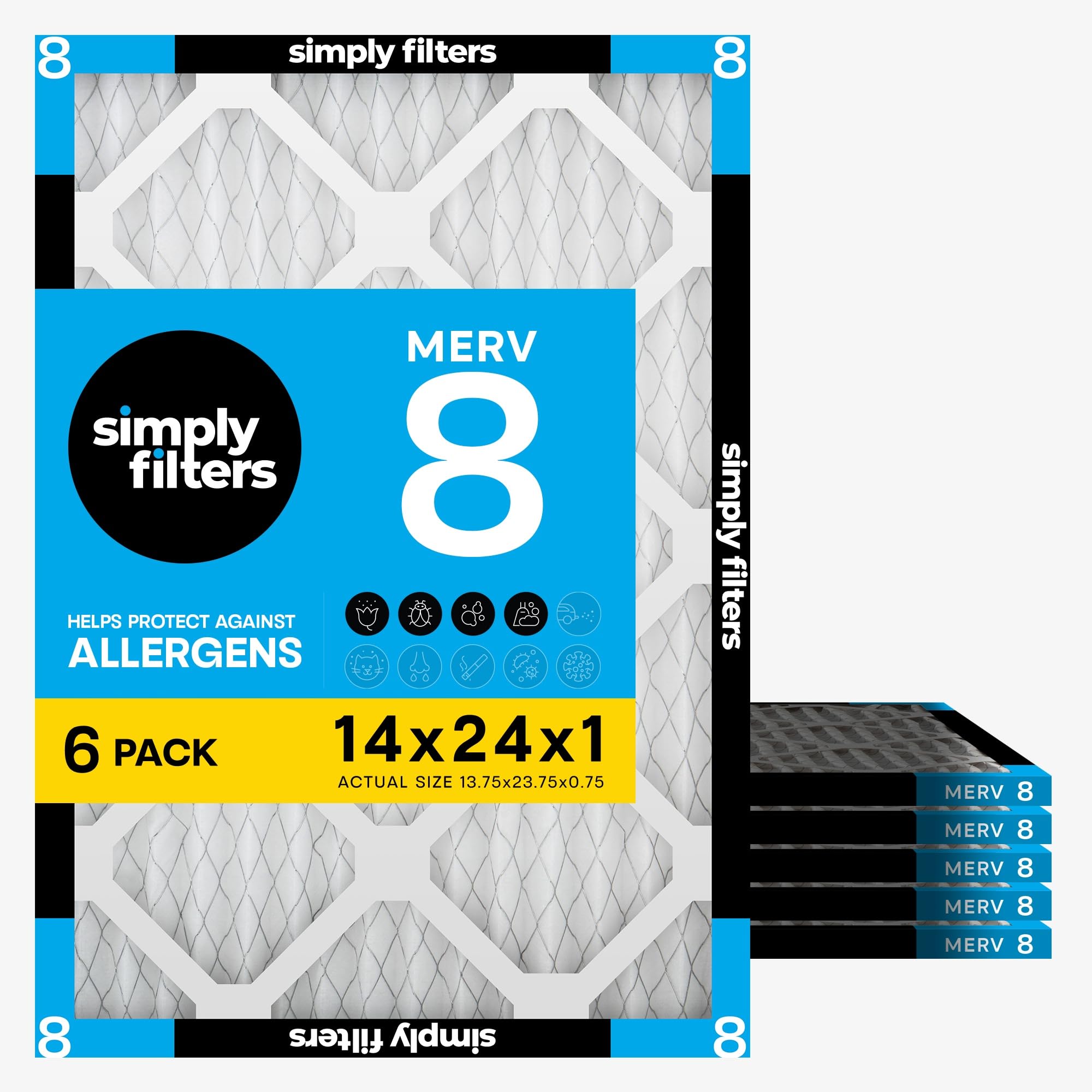 Simply 14x24x1 Air Filter, MERV 8, 6 Pack, For Home AC Furnace & HVAC (Actual Size: 13.75"x23.75"x0.75") DUST, Pet, & Allergy Control