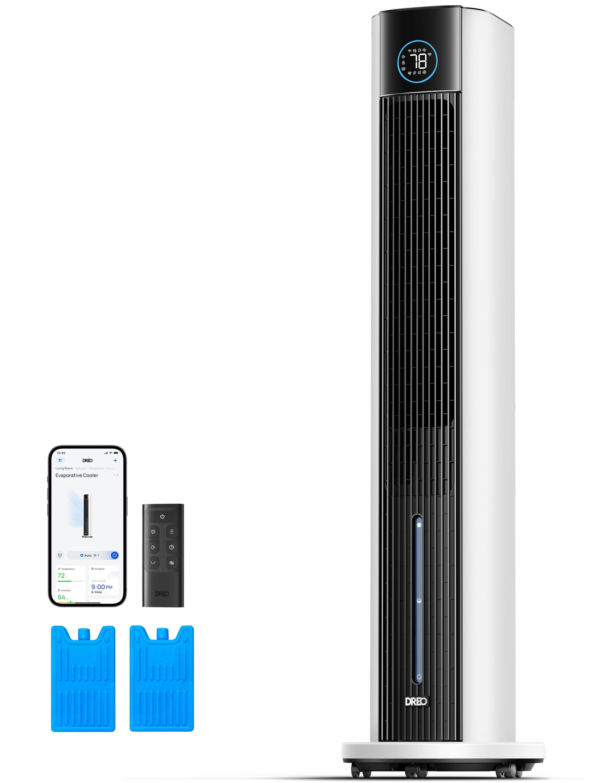 DREO Evaporative Air Swamp Cooler, 43" Cooling Fans that Blow Cold Air 2026 Upgraded, 80° Oscillating Floor Fan for Bedroom, Easy Cleaning, APP Control, Ice Packs, 4 Speeds & 4 Modes, 12H Timer, White