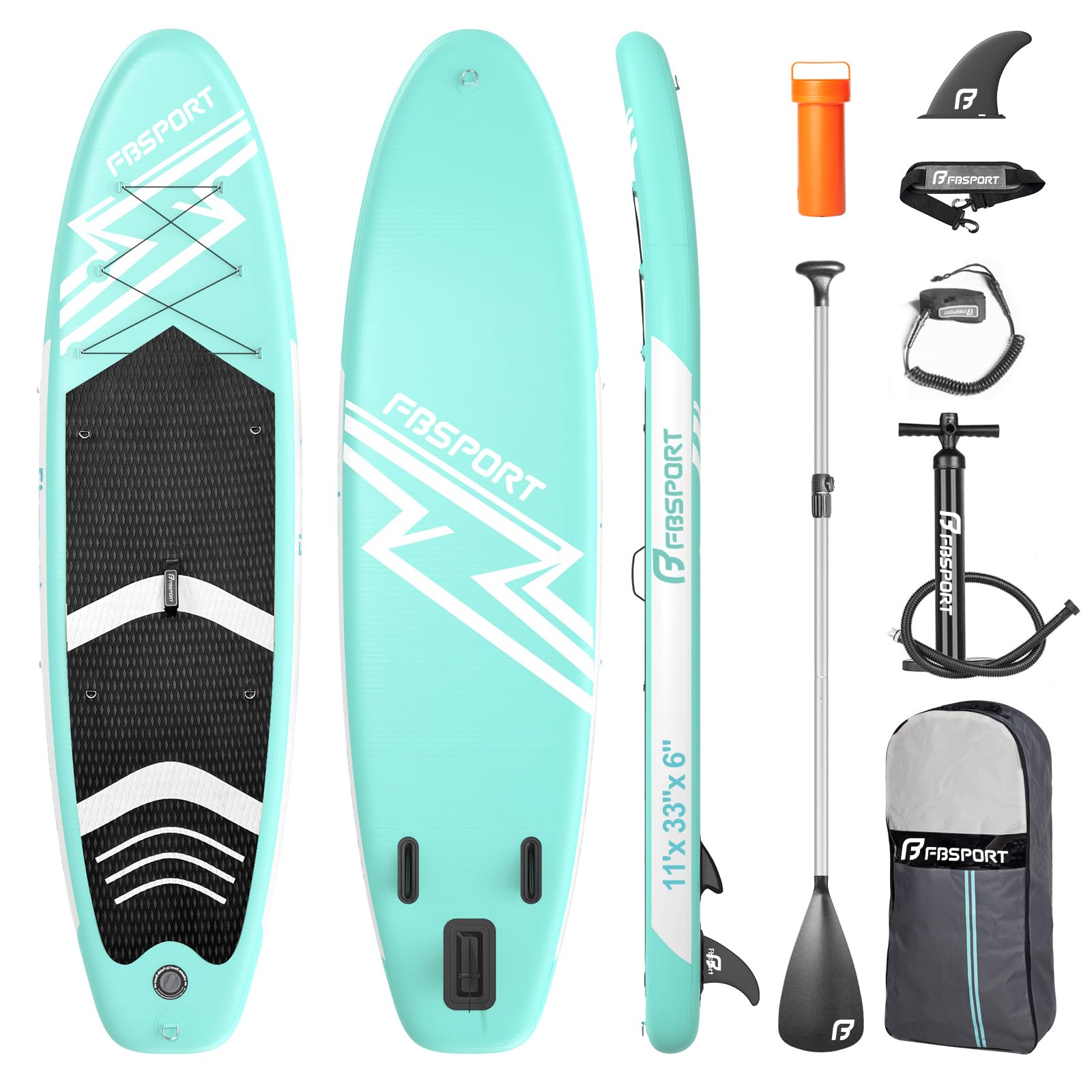 FBSPORT 11' Premium Stand Up Paddle Board, Yoga Board with SUP Accessories & Carry Bag | Wide Stance, Surf Control, Non-Slip Deck, Leash, Paddle and Pump for Youth & Adult