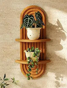 Bamworld Boho Wall Decor Brown Plant Wall Shelf, Mid Century Modern Decor Hanging Plant Shelf, 2-Tier Wooden Floating Shelves for Home, Bathroom Bedroom Living Room, Office Holding Planter Decoration