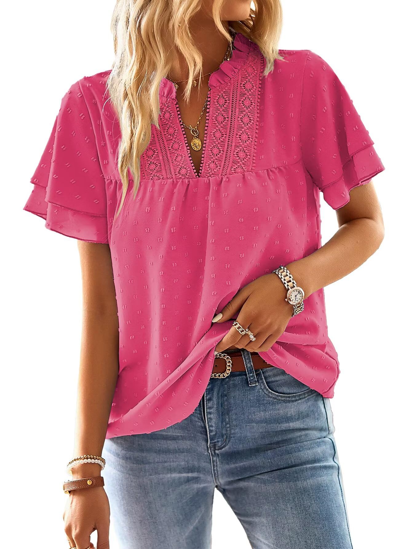 Falechay Womens Tops Butterfly Sleeve V Neck Blouses for Women Dressy Casual Flowy Swiss Dot Ruffle Short Sleeve Shirts