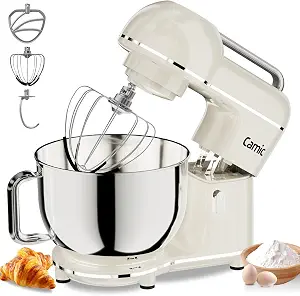 Camic Electric Stand Mixer,7.45 QT,10 Speeds with Dough Hook,Whisk, Flat Beater Attachments, Splash Guard, Easy-Carry Top Handle,3-IN-1 Kitchen Mixer for Baking Cakes Cookie Bread Salad (White)