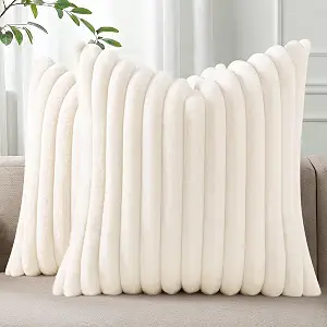 Pallene Faux Fur Plush Fall Throw Pillow Covers 18x18 Set of 2, Luxury Soft Fluffy Striped Decorative Pillow Covers for Sofa, Couch, Living Room, Cream White