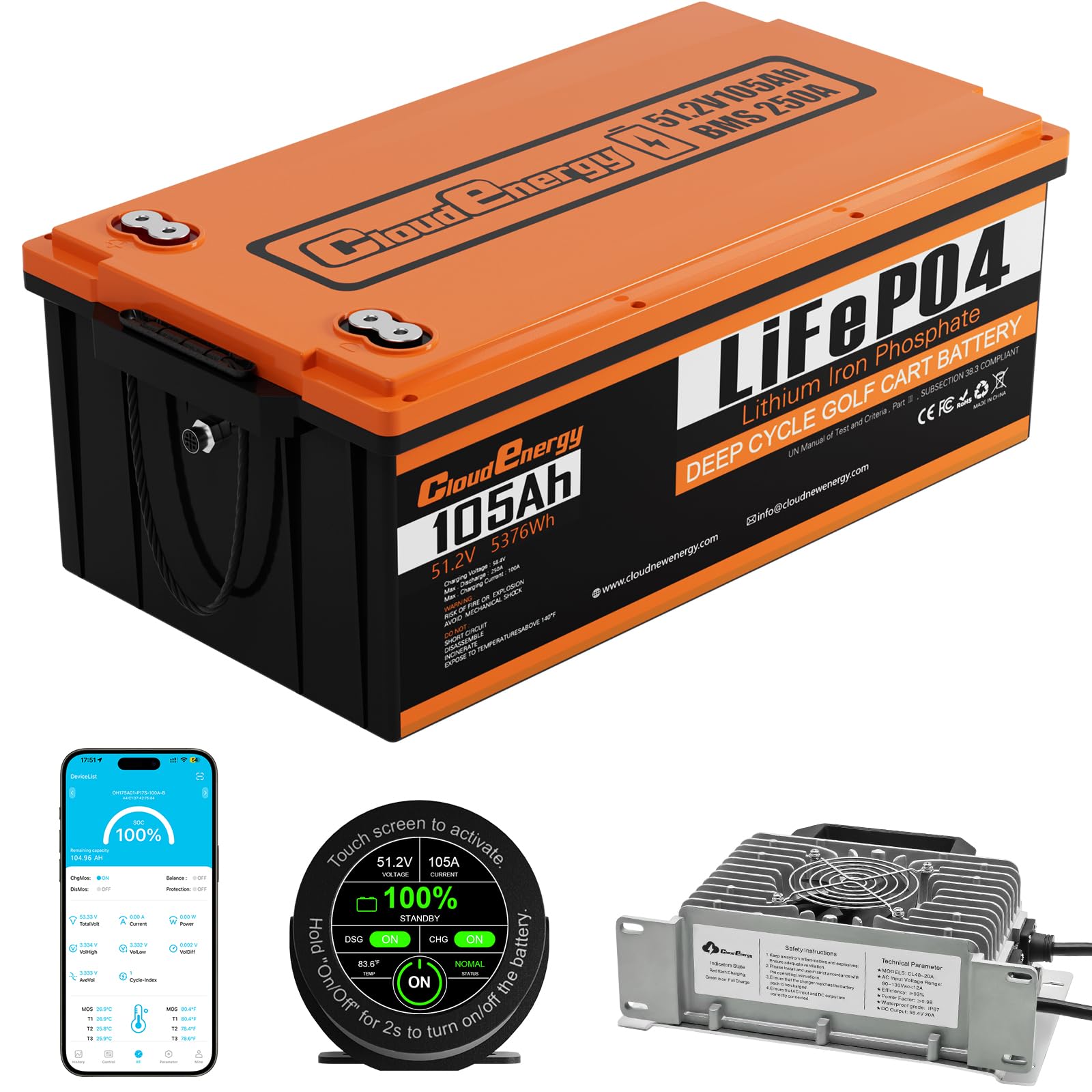 Cloudenergy 48V(51.2V) 105AH LiFePO4 Lithium Golf Cart Battery Built-in 250A BMS,3C Discharge,with 20A Charger,Mobile APP,Touch Monitor,6000+ Cycles,Perfect for Golf Carts (GFA48V-105AH)