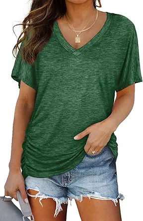 WIHOLL Womens Summer T-Shirts Short Sleeve V Neck Dolman Tops with Side Shirring Loose Fit Shirts Spring Fashion