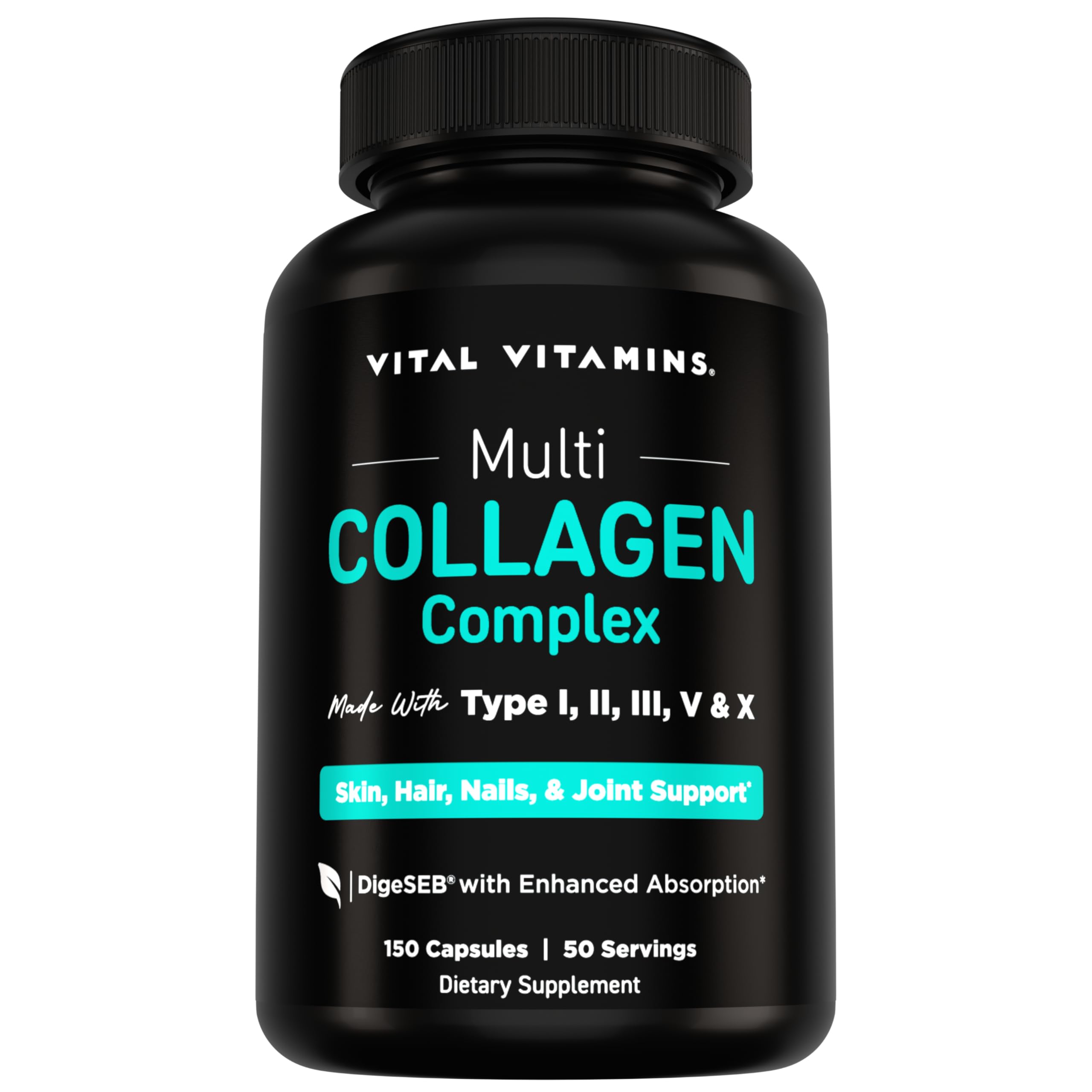 Vital Vitamins Multi Collagen Peptides Capsules for Women & Men - Type I, II, III, V, X Collagen Supplements - Grass-Fed, Non-GMO - 150 Pills