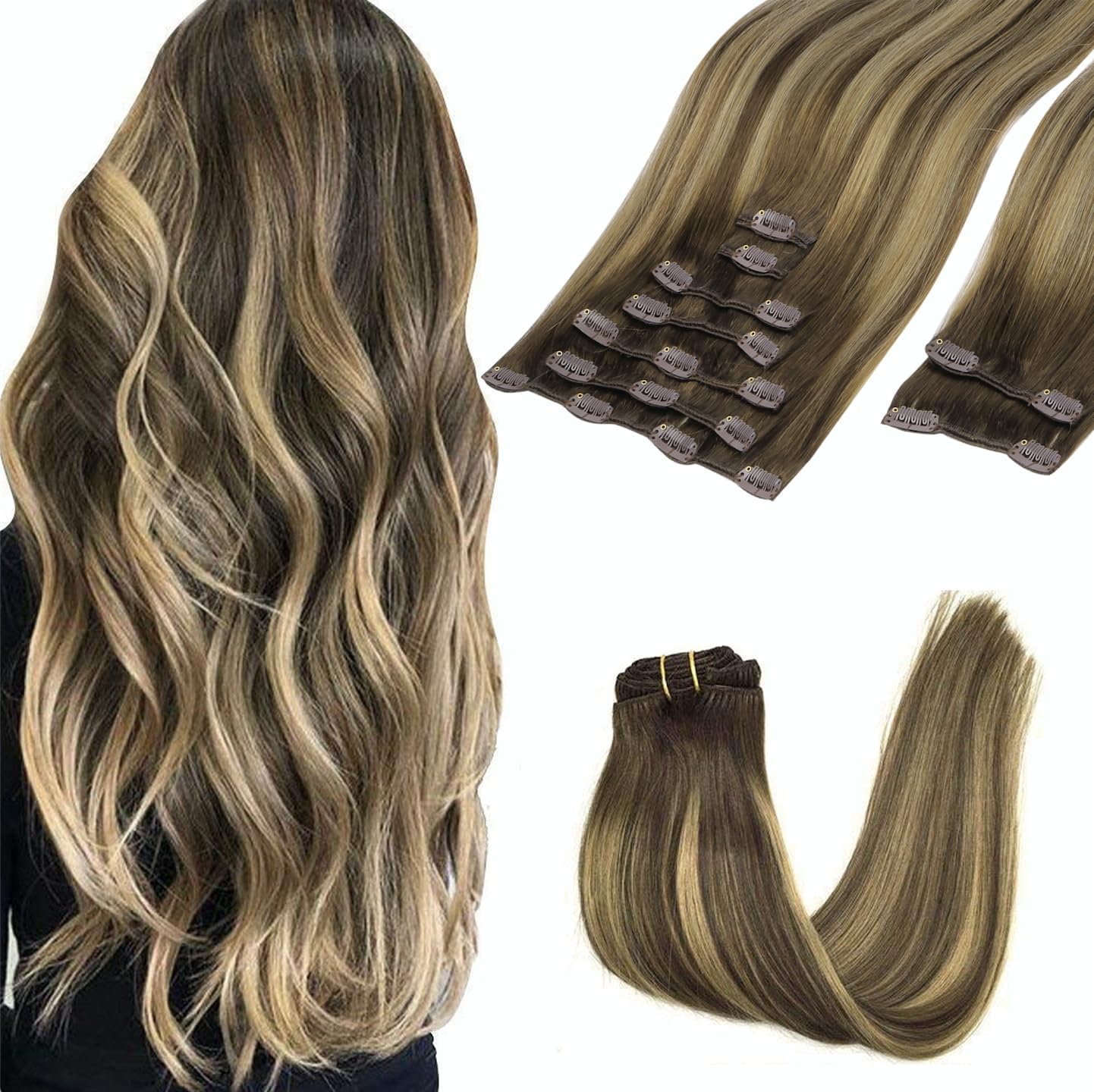 GOO GOO Clip in Hair Extensions Real Human Hair, Remy Human Hair Extensions Clip ins for Women, Natural Human Hair, 22inch 150g 9Pcs, 4/27/4 Balayage Chocolate Brown to Caramel Blonde