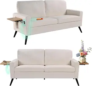 68" W Settee Loveseat Sofa Couch with Fold-Out Tables, USB Ports, Modern 2 Seater Couch, Cozy Cloud Love Seat Couches, Soild Wood Frame, Deep Seat, Small Settee Couch for Living Rooms, Office (Beige)