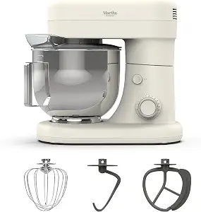 Martha Stewart Tilt-Head Stand Mixer, 12 Speed, 5.3QT Stainless Steel Bowl, Splash Guard with Pour Chute, Whisk, Dough Hook, Flat Beater, Electric Kitchen Baking Mixer, Bread, Cake, Whip, Linen White