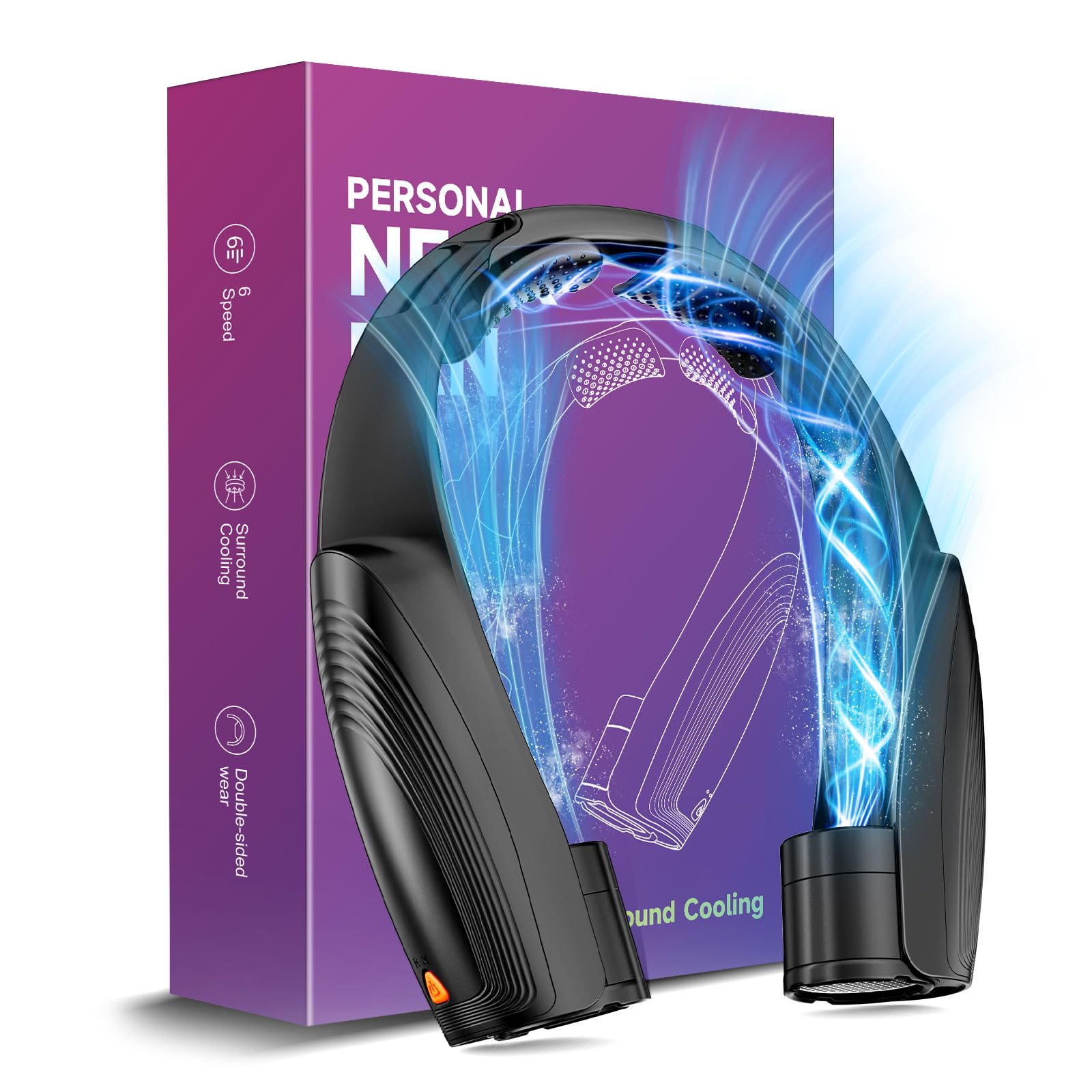 Portable Neck Fan with 6 Powerful Speeds, 8000mAh Battery Operated USB-C Rechargeable Fan, 20H Runtime, Hands-Free 360° Cooling Personal Wearable Neck Fan, Gift for Women Men Travel Concerts(Black)