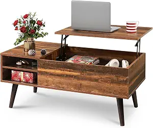 WLIVE Coffee Table with Lifting Top, Hidden Storage & Adjustable Shelf for Living Room Small Space, Multifunctional Rising Wooden Center Table, Mid Century Modern Tables for Home Dining Office, Brown