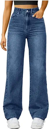 Wide Leg Jeans for Women Casual High Waisted Strechy Straight Leg Loose Tummy Control Denim Pants with Pocket