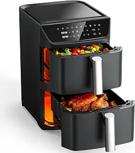 Dual Basket Air Fryer, 12.6QT Family-Size for 10–12 People, XL Basket for 6LB Whole Chicken, DoubleStack Compact Design, 10-in-1 Functions with Reheat, Dehydrate & SyncFinish, Dishwasher-Safe, Black