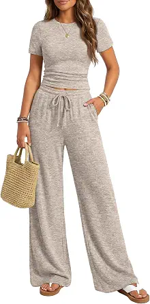 Trendy Queen Womens 2 Piece Lounge Matching Sets Wide Leg Pants Crew Neck Short Sleeve Shirt Sweatsuits