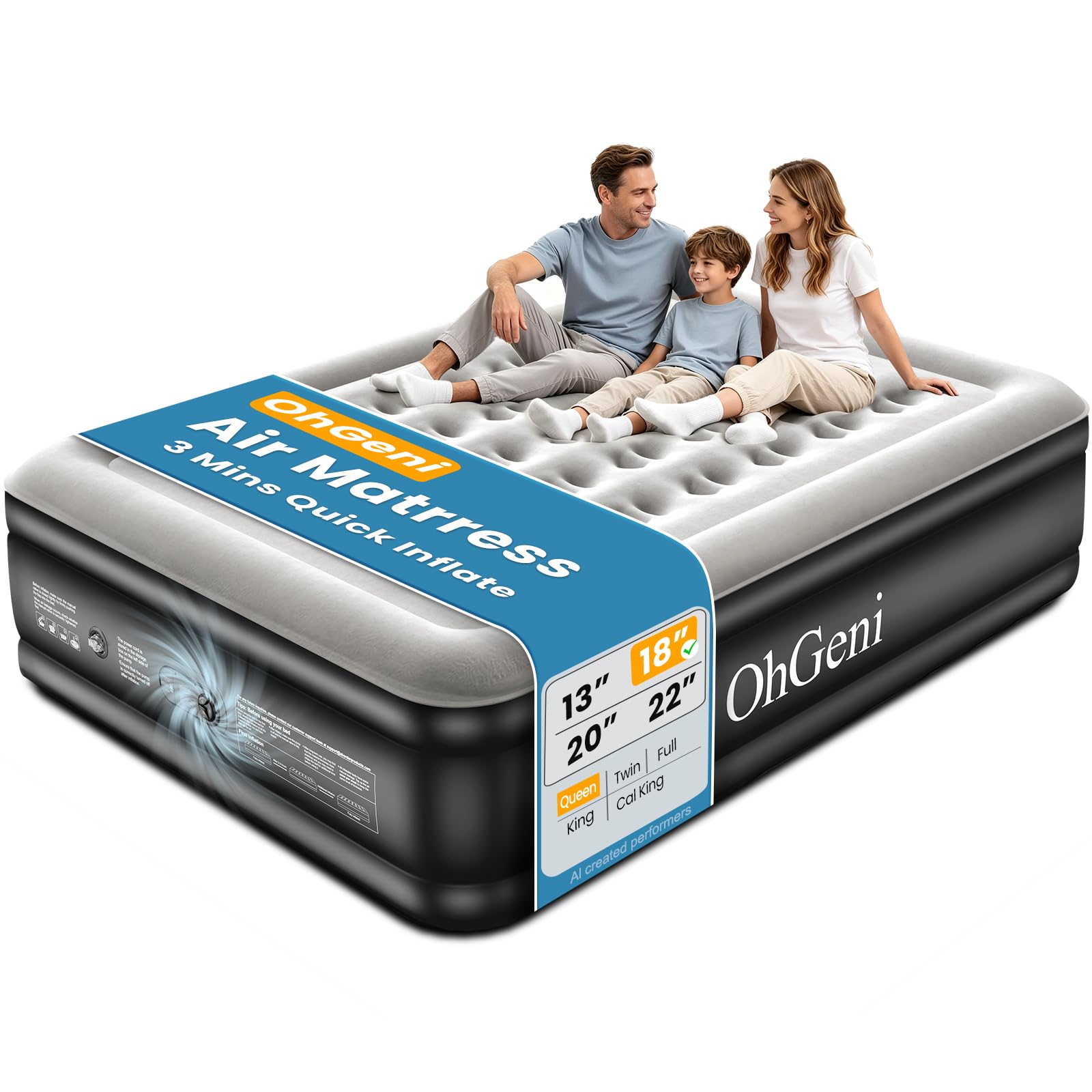 OhGeni Air Mattress Queen with Built in Pump, 18" Raised Inflatable Blow Up Mattress, Upgraded Surface Portable Bed for Home, Camping, Colchone Inflable, Ideal Sleep Solution for Guests