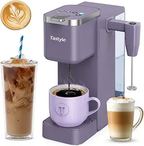 Tastyle 330MF Single Serve Coffee Maker with Built-in Detachable Milk Frother, Iced and Hot Coffee Machine for K Cup & Grounds, 40oz Removable Water Tank, 6 Cup Sizes, Fits 7.3" Travel Mug, Purple
